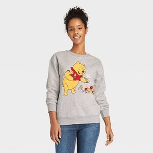 Disney | Winnie The Pooh Grey Cozy Embroidered Crew Neck Floral Sweatshi…